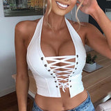ins style   Popular trade summer explosion neck sexy backless lace-up short women's PU small vest