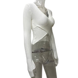 HULIANFU New 2025 Spring New Design Sense Cross-Neck Slim-fit Knitted Sweater Sexy Long Sleeve Exposed Navel Bottom Top Women