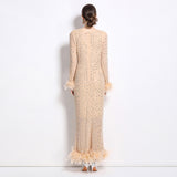 light luxury temperament Royal sister heavy industry hot diamond slim mesh dress women's feather splicing waist long dress