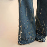 2025 Hot Trade Spice Girls High Street Rhinestones Meteor Design Low Waist Jeans Rough Edge High Sense Autumn and Winter Straight Wide Legs