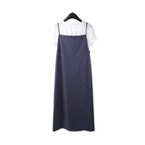 2025 THE MIND linen cotton white short-sleeved T-shirt + denim suspender skirt 2025 summer new casual suit T5011X