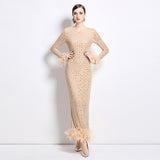 light luxury temperament Royal sister heavy industry hot diamond slim mesh dress women's feather splicing waist long dress