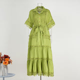 Casual loose shirt skirt women's  summer wear short-sleeved lapel lace hollow embroidered dress lace-up
