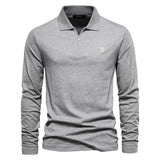 HULIANFU 2025 autumn and winter new long-sleeved POLO shirt embroidered men's casual solid color top zipper lapel pure cotton polo