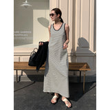 2025 THE MIND Striped Vest Skirt 2025 Thirteen Lines Summer New Korean Version Simple Long Sleeveless Dress T289