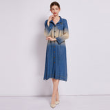 Miyake retro imitation denim print pleated dress new long sleeve popular spring and summer new fashion casual dress
