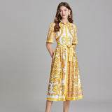 Real shot, summer new product positioning printed lapel strap waist shirt dress, big pendulum A-shaped skirt