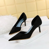 2025 6168-1  fashion, sexy and thin side hollow high heels, thin heel cloth surface, shallow mouth, pointed head, super high heel single shoes