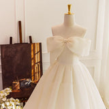 2025 Satin light wedding dress, simple and sweet bow, one-word shoulder art test, thin and uniform host banquet evening dress woman