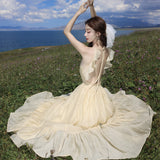 2025 super fairy seaside vacation dress ruffle leaf edge halter dress high atmosphere photo sexy fairy dress