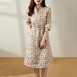 2025 Linen floral dress temperament commuter women's clothing  summer new  short-sleeved medium and long shirt skirt