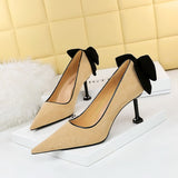 2025 17175-2 Korean version of sexy and thin high heels women's shoes thin heels high heels suede light mouth pointed bow single shoes