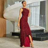 2025 high-end long-sleeved no-quality round neck sexy long sequined banquet evening dress bridesmaid dress women