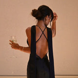HULIANFU 2025 hot-selling sexy new deep V chest wrap slim long pure desire wind hollow backless neck dress women