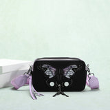 HULIANFU 2025 New trendy bag women's dark matte black small square bag sweet cool spice girl contrasting color butterfly bag crossbody camera bag