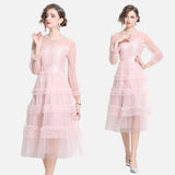 gentle wind mesh stitching long-sleeved dress women's summer super fairy sweet waist thin cake long skirt