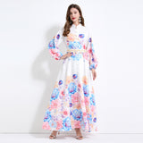 2025 new niche court  dress with waist and thin lantern sleeves single-breasted long printed dress