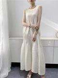 Miyake pink bud long dress temperament loose and thin fairy skirt seaside vacation sleeveless vest dress female summer