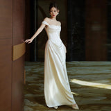 2025 one-word shoulder light wedding dress bridal high sense white simple satin dress temperament light luxury slim fishtail dress