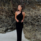 HULIANFU New new summer 2025 trade Europe and America sexy seaside vacation solid color shoulder hip wrap slim long dress women
