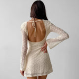 2025 Apricot sexy slim-fitting crew neck lace-up jacquard dress   spring fashion new wholesale short skirt women