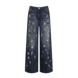 2025 Cross-border street wind ripped jeans women's straight pants high street washed wasteland wind denim design sense mopping pants women