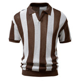 HULIANFU 2025 Men's  Summer Lapel Mesh Hollow Short Sleeve Fishnet Trend Men's Striped POLO Shirt Popularan Size