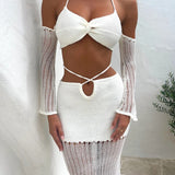 HULIANFU New spring and summer new chest-wrapped sleeves top lace-up hollow hip-wrapped skirt knitted women's clothing European, American and 2025 trade two-piece set