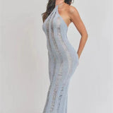 HULIANFU  2025 new sleeveless sexy slim-fitting perspective neck hollow long dress women's knitted suspender backless dress