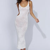 HULIANFU  ins wind sexy vacation long dress sleeveless suspender waist hollow side split halter knitted dress women