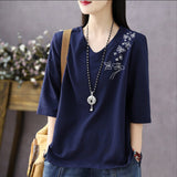 Temperament V-neck  summer new Korean version of seven-quarter sleeves simple and fashionable age-reducing loose and thin belly-covering bottoming shirt
