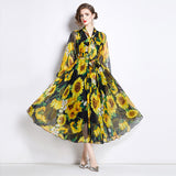 Qinghai Lake Travel Photography Ankle Dress Printed Chiffon Dress Large Size Long Sleeve Swing Seaside Holiday Beach Dress
