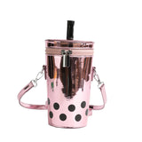 HULIANFU 2025 High-value milk tea cup bag women's summer new metal patent leather polka dot bucket bag ins wind cute messenger bag