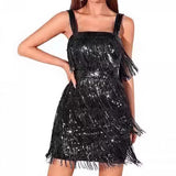 HULIANFU 2025 2025 New  solid color fringed sequins suspender cocktail dress skirt party dress short skirt fringed even