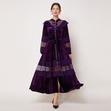Court style dress women's  retro fashion stand-up collar pearl single-breasted lace splicing velvet pendulum dress