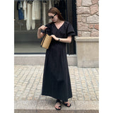 2025 THE MIND pleated V-neck dress 2025 thirteen lines summer new Korean simple long skirt 003AX