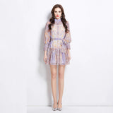 New women's clothing 2025 spring and summer vacation new ethnic style stand-up collar lantern sleeve printed short dress