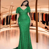 HULIANFU 2025 spring and summer new product fashion V-neck hip wrap sequined 2025 dress mid-waist lantern sleeve long evening dress