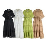 Casual loose shirt skirt women's  summer wear short-sleeved lapel lace hollow embroidered dress lace-up