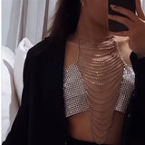2025 MW2937  waist chain rhinestone inlaid diamond cloth fringed chain connected neck top body chain