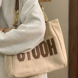 HULIANFU 2025 Large capacity tote bag women's  new alphabet canvas bag college student class schoolbag simple shoulder bag
