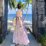 2025 Holiday wind suspender dress women's summer bow oil painting smudged seaside long dress atmosphere beach dress elegant