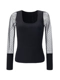 women's clothing popular summer new U-neck mesh yarn sleeve splicing solid color versatile and thin temperament T-shirt women's clothing top