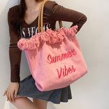 HULIANFU 2025 Bag women's new Korean embroidered letters large-capacity commuter bag fringed canvas bag shoulder tote women's bag
