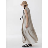 Cotton and linen cotton vertical strip  summer new temperament back collar slit small neckline fishtail pendulum vest dress