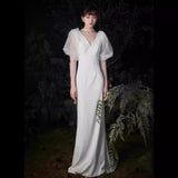 2025 White fishtail dress dinner  new travel photography light wedding dress celebrity host art test performance clothes small trailing