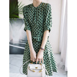 2025 Double crepe mulberry silk dress, polka dot printing green tone skirt  new summer women's clothing wholesale