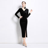 Black golden velvet dress for women's autumn and winter popular new V-neck long-sleeved hip-wrapped temperament slim long skirt