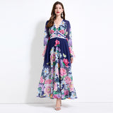 2025 niche vacation style deep V-neck lace splicing dress women's high waist and thin ruffle edge printed long dress