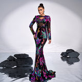 2025 long-sleeved crew neck sexy hollow long sequin banquet fishtail evening dress bridesmaid dress women